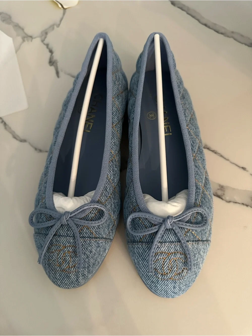 CHANEL Light Blue Quilted Denim Ballet Flats 35 NEW